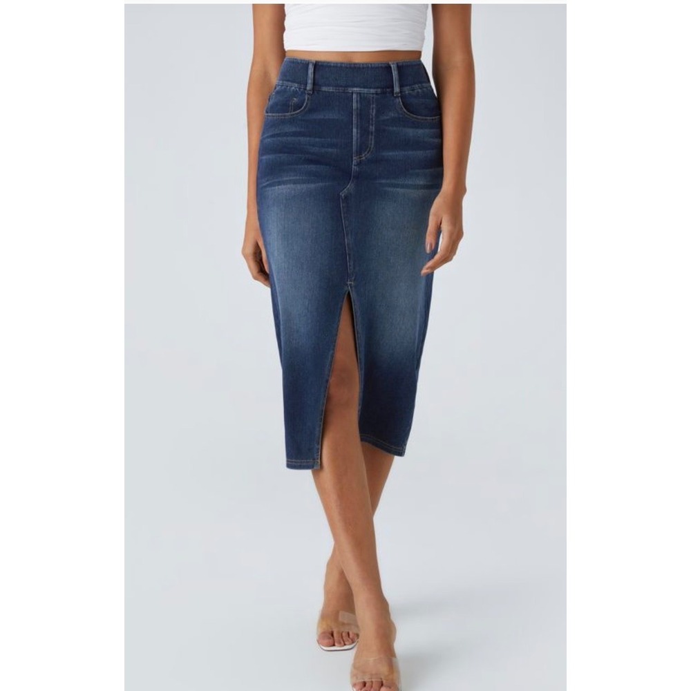 Halara women's xs flex high waisted pockets bodycon washed denim midi Skirt new